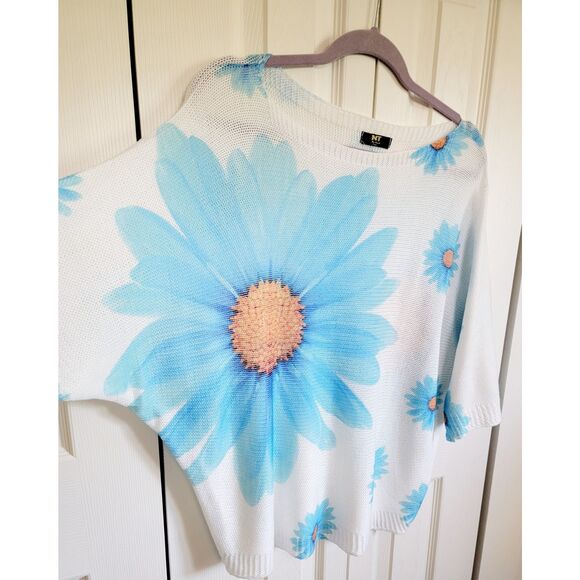 NT By Amati XL Italy SS Sweater Shirt Top Blue Sunflower Boat Neck *Loose Stitch - Picture 3 of 7
